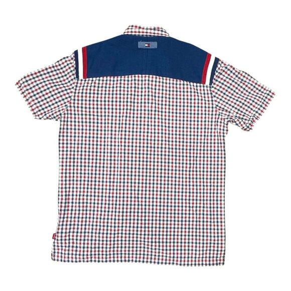 Tommy Jeans Mens Short Sleeve Button-Down Shirt Red & Blue Plaid Size L Vintage - Picture 3 of 5